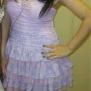 Strapless lavender and blue floral ruffle dress